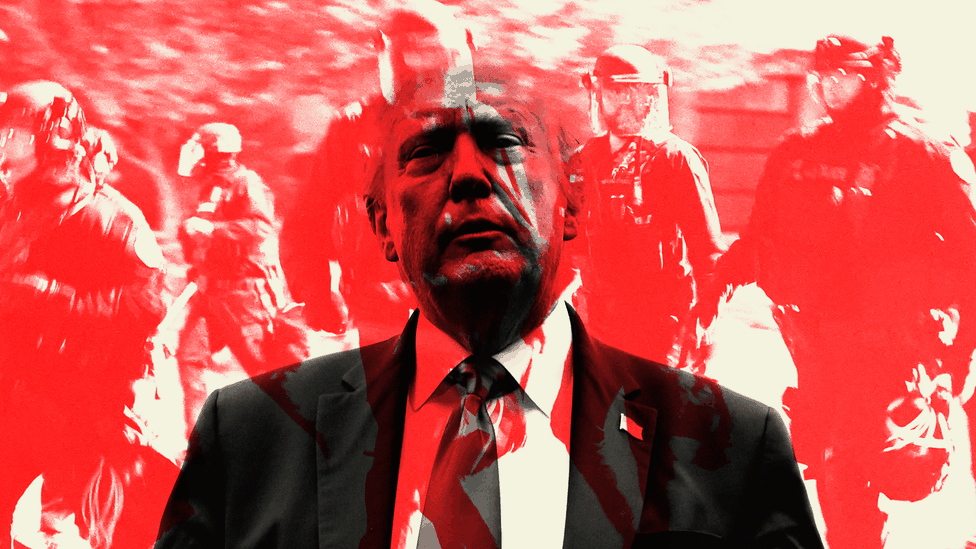 Art of Donald Trump superimposed on law enforcement agents in Portland.