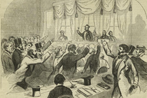 An illustration of men in mid-19th-century dress raising their hands toward a person holding a gavel