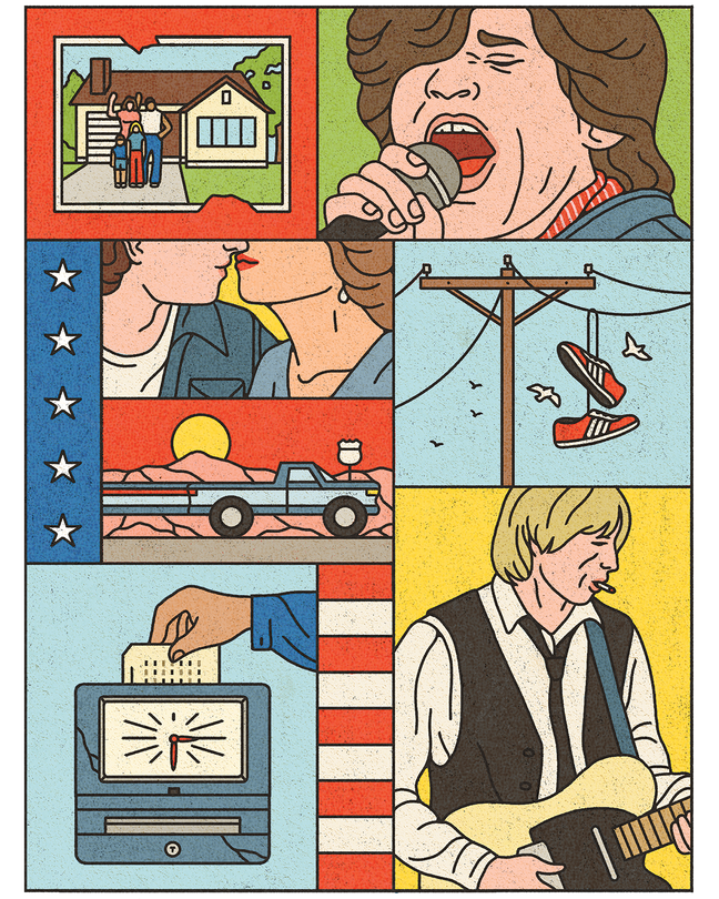 A color collage of illustrations of Bruce Springsteen, John Mellencamp, Bob Seger, Tom Petty, and a series of images evoking the American heartland: a tattered American flag, a suburban home, a worker punching a time sheet, a truck driving along a highway, a couple kissing, and a pair of sneakers strung over a power line.