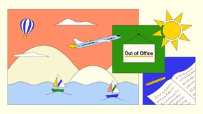 An illustration with a sun, a plane, a notebook, and an "Out of Office" sign