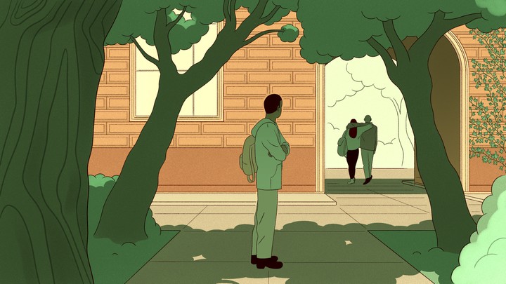 An illustration of a boy watching a couple from the distance.