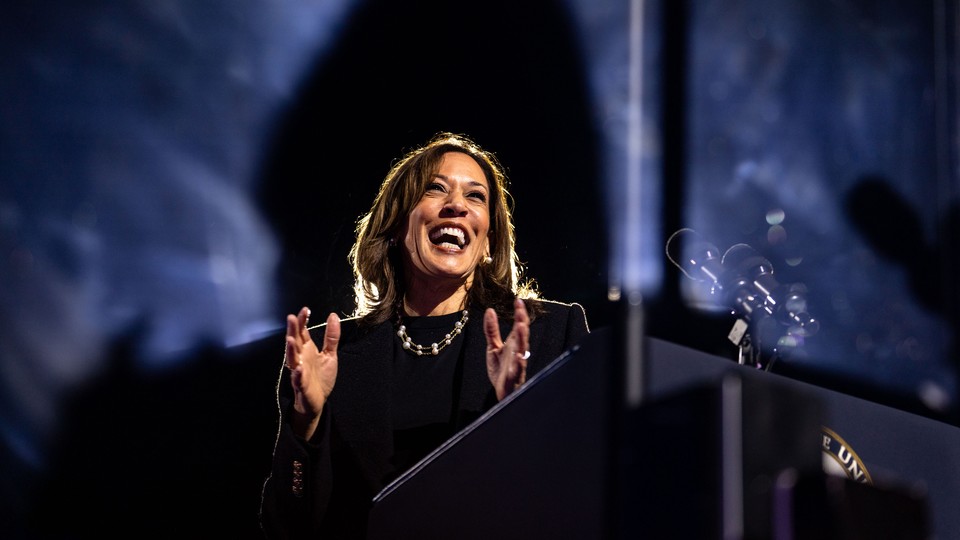 Kamala Harris smiling during a speech