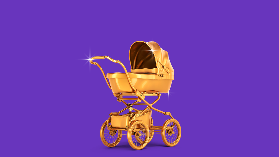 A sparkling gold baby buggy against a purple background