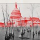 Photograph of a swamp superimposed with a red drawing of the Capitol building.