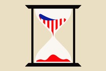 An illustration of an hourglass with sand inside that has the colors of the American flag