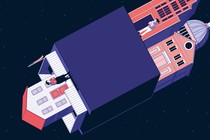 An illustration of a cube floating in space; one one side of the cube, a mother stands in front of her house, and on the opposite side, the daughter stands in a cityscape