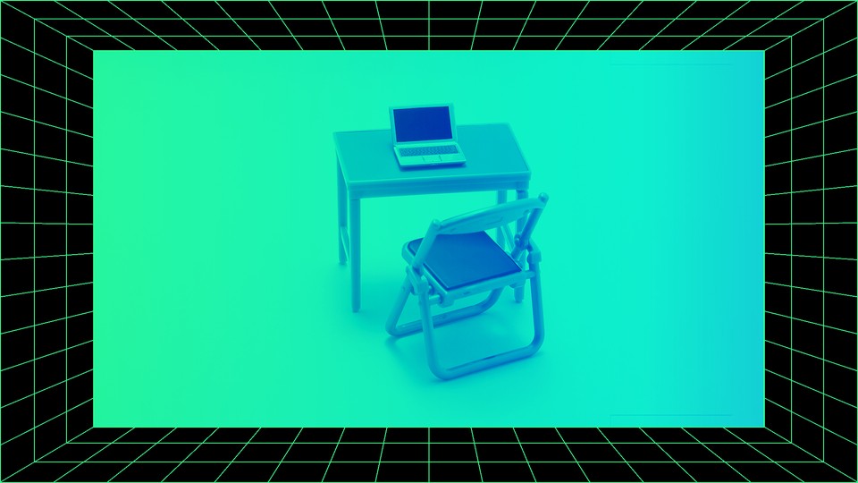 desk, chair, and computer