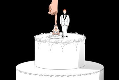 Illustration of a hand pushing a bride's figurine into a wedding cake