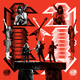 collage-style illustration with black and white mirror images of the Spinal Tap logo, guitars, and band members over trio standing on top of Stonehenge, with red background