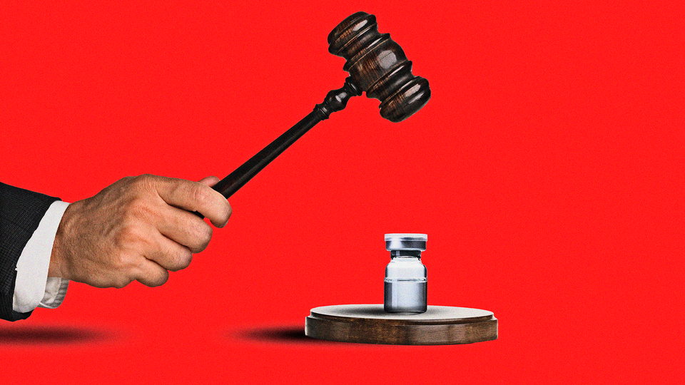 A photo illustration of a hand wielding a gavel and smashing a vaccine vial, all on a red background