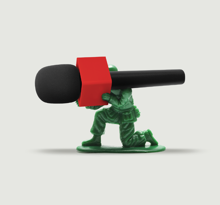 illustration of green plastic toy army soldier holding large black/red microphone like a bazooka