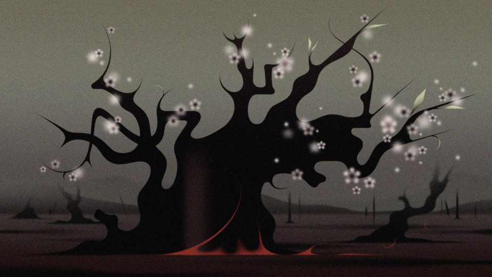 Illustration of a burning tree also blooming and sprouting new leaves.