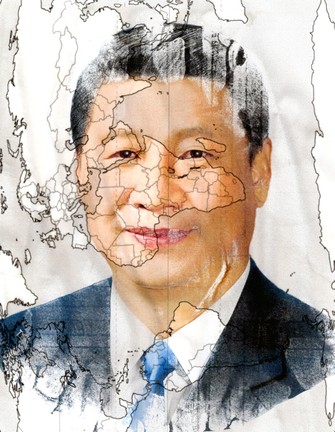 An illustration of Xi Jinping set against a map of China. 