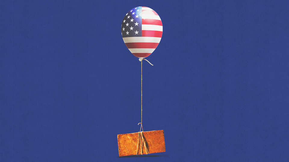 A balloon printed with the American flag, barely lifting a brick attached by a string.