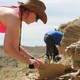 The stegosaur expert Susie Maidment studying a piece of sediment