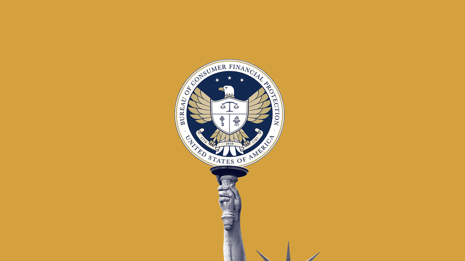An illustration of Lady Liberty holding up the sign of the Consumer Financial Protection Bureau.