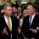 Acting Defense Secretary Patrick Shanahan and Secretary of State Mike Pompeo surrounded by reporters