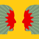 Artwork depicting two heads facing each other, with red faces and green heads with black zigzags spreading from their faces.