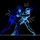 Two boxers spar, each drawn in different shades of blue outlines.