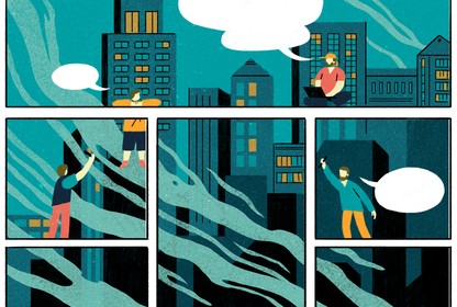 An illustration of comic-book panels depicting a cityscape. Four men climb between the panels to greet one another, with empty word bubbles floating above their heads.