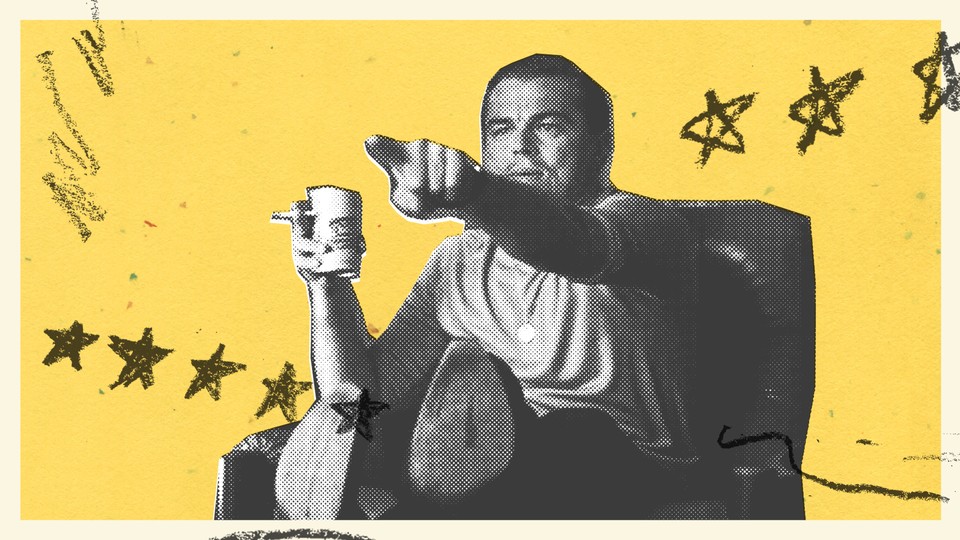 Photo-illustration of Leonardo DiCaprio in a chair, with his feet up, pointing