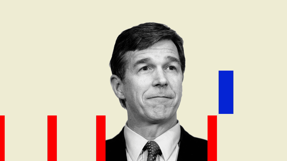 An illustration shows a black-and-white image of North Carolina Governor Roy Cooper flanked by short red bars and one blue bar.