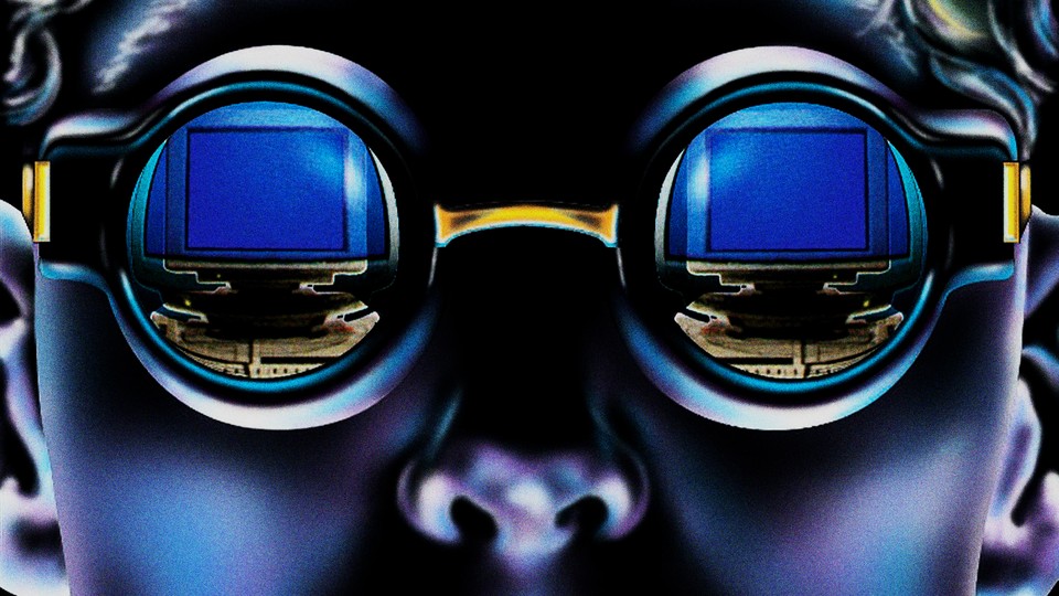 An illustration of a person wearing goggles that show the reflection of a computer screen in the lenses