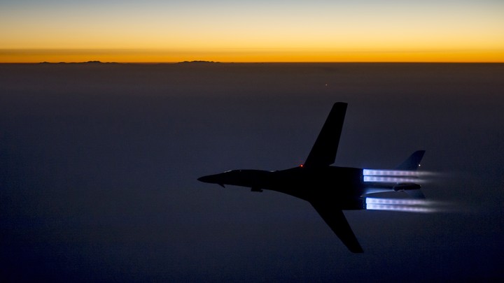 A U.S. Air Force B-1B Lancer supersonic bomber flies over northern Iraq after conducting air strikes in Syria against ISIS targets on September 27, 2014.