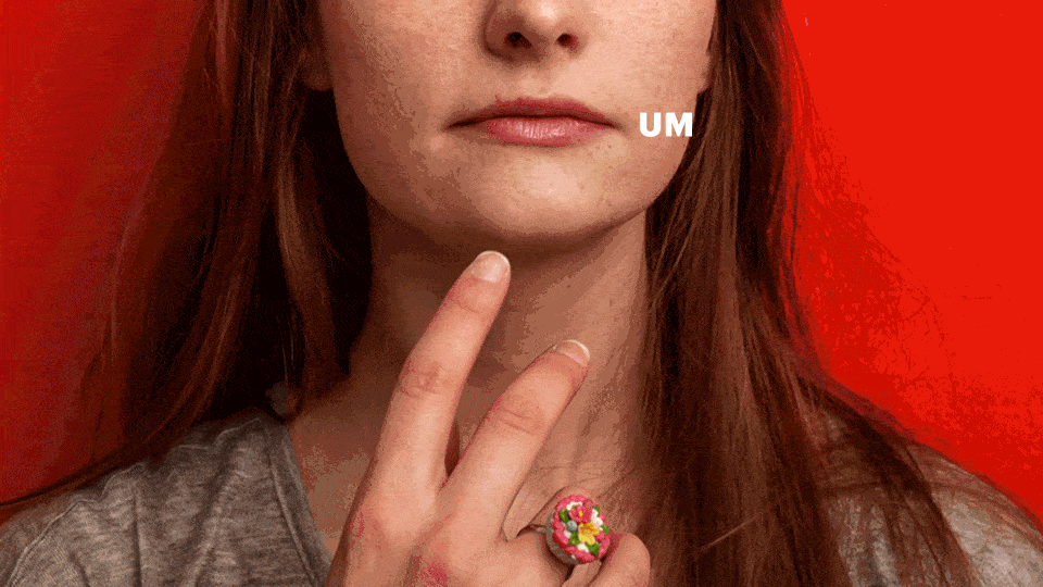 A person raises a finger to their chin as the word "Um" appears across the photo.