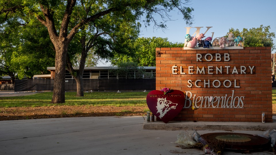 A memorial at Robb Elementary School in Uvalde, Texas, in April 2023