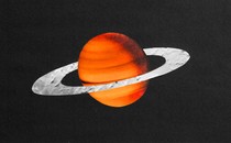 An illustration of an orangey Saturn surrounded by rocky rings