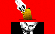 Illustration showing a hand inserting a ballot into a box that has Putin's face on it