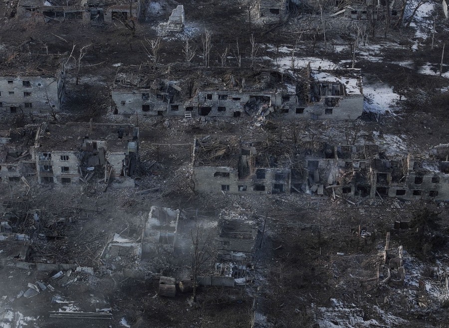Battle-damaged ruins in a small town
