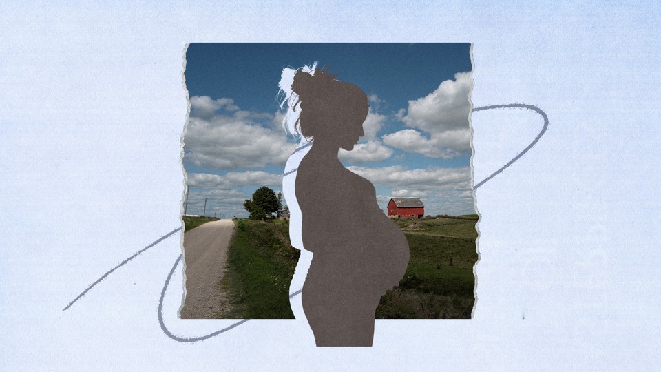 An illustration of the grey silhouette of a pregnant woman superimposed on top of a photo of green countryside with a red barn.