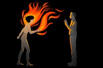 An illustration of a woman with fire coming off her as she yells at a man