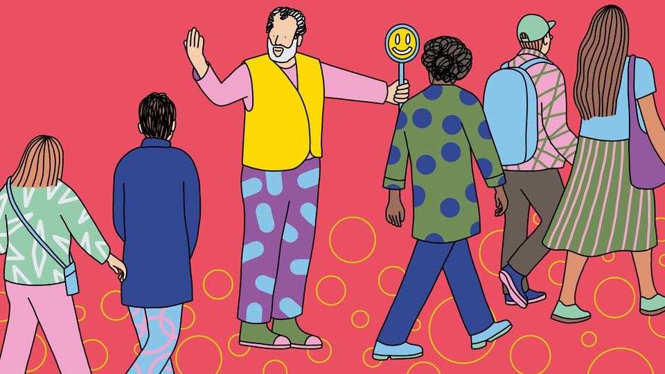 Illustration of an elderly man holding a smiley face sign ushering a line of younger people to walk forward