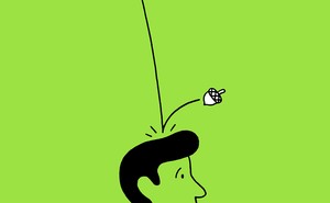 Drawing on bright-green background of top of person's head with acorn bouncing off