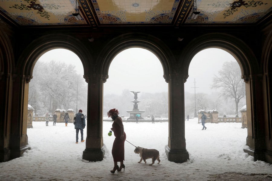 A person walks a dog through beneath arches in Central Park, on a snowy day.