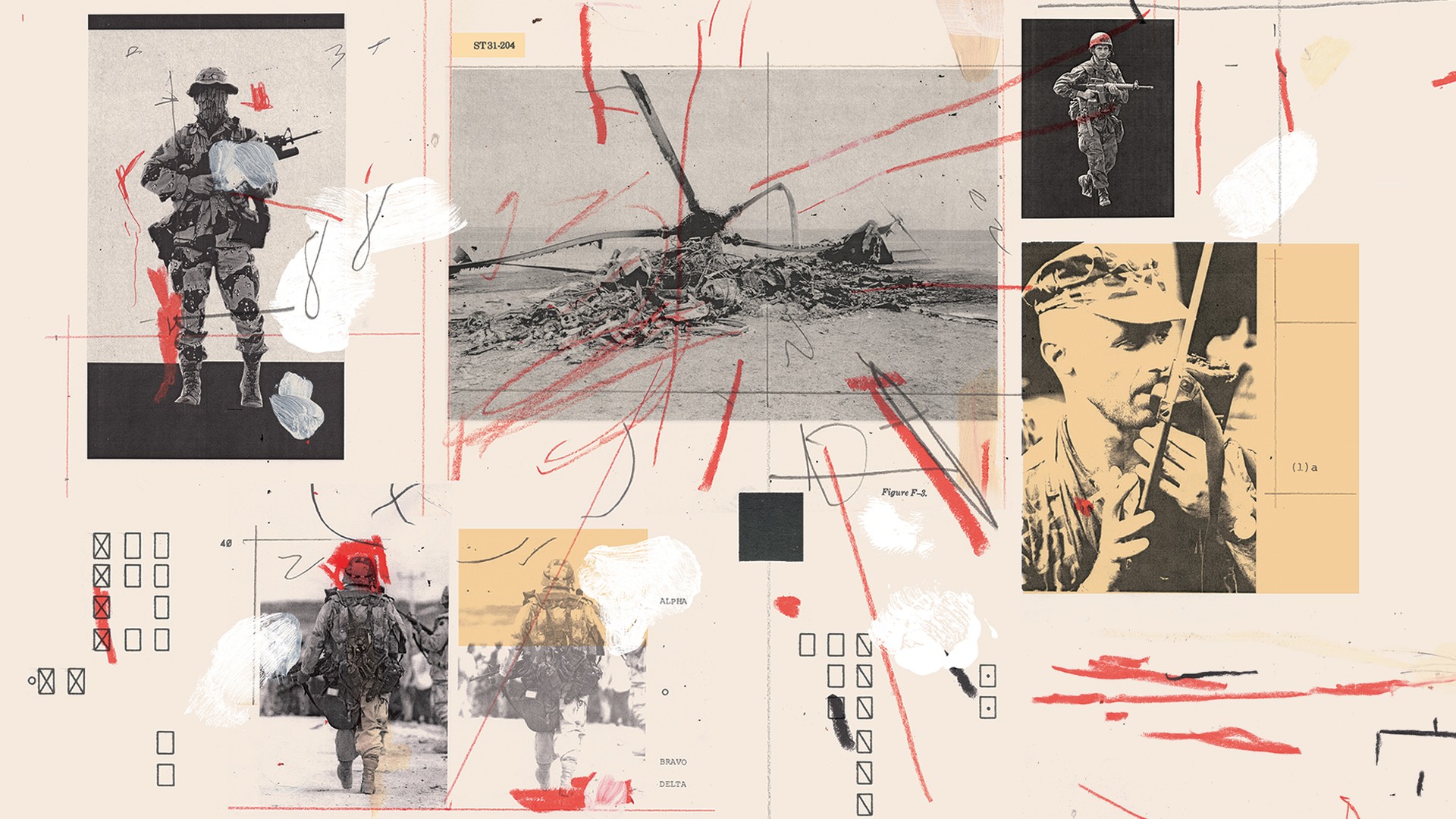 Illustration: collaged photos of soldiers and helicopter wreckage