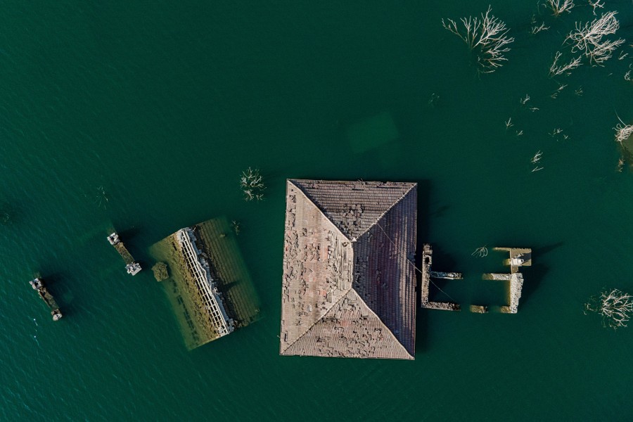 Partially submerged houses captured from above