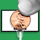A graphic illustration showing a thumb placing a penny on the backboard of a basketball hoop, over a green background.