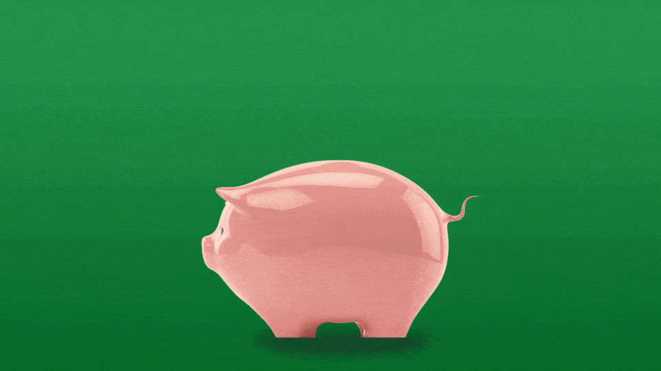 Illustration of coins falling into a piggy bank.