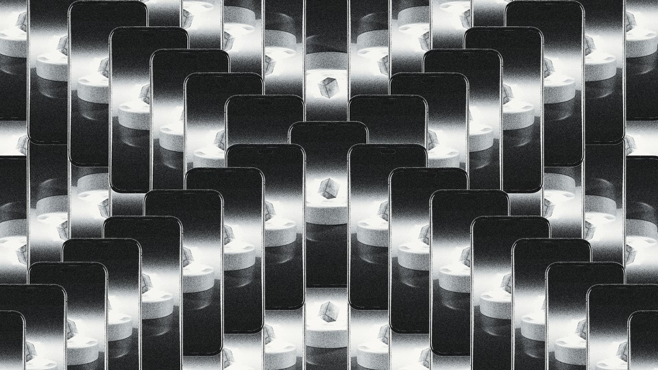 Illustration of lots of phones, each showing an image of a floating lump of "LK99"