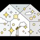 An illustration of a woman in a house filled with clouds, stars, and diamonds