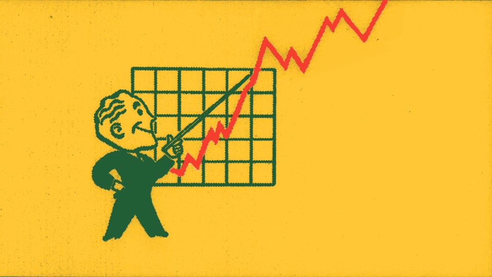 an illustration of a man gesturing toward a rising trend line