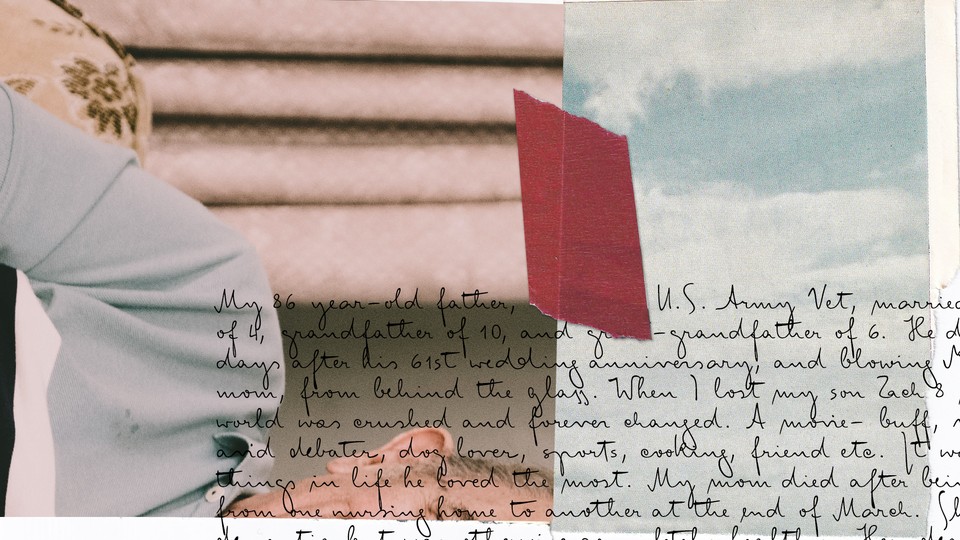 A collage of a handwritten letter a family photograph, and the blue sky.