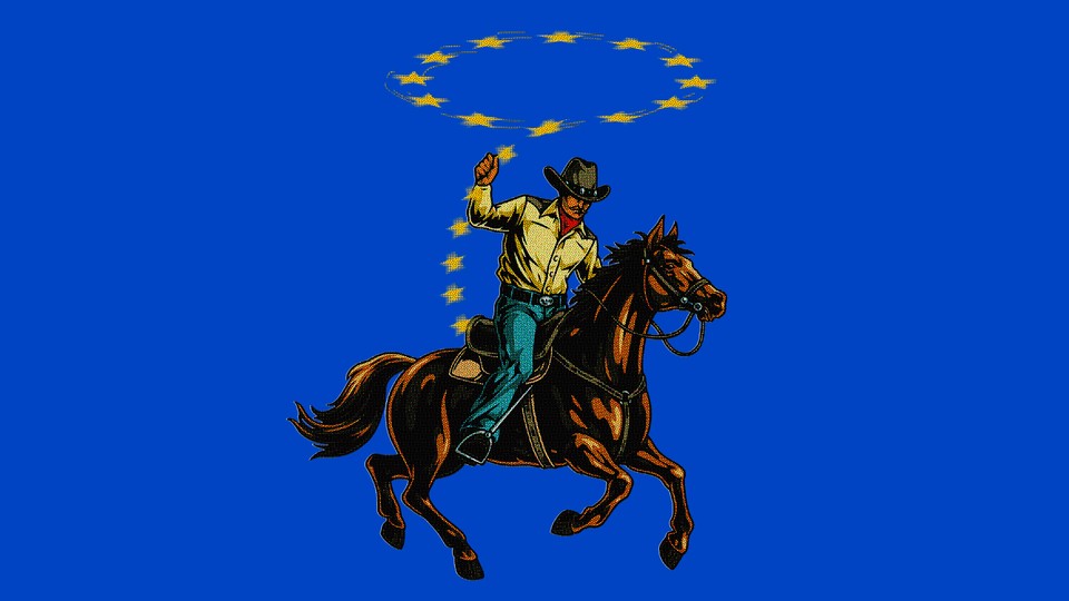 An illustration of a cowboy on horseback, against a blue background, using the EU flag stars as a lasso.