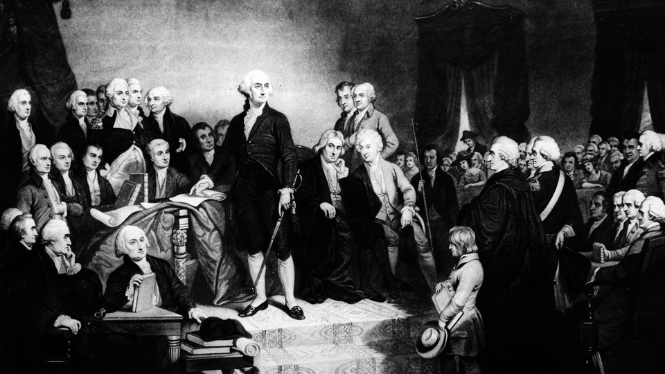 President George Washington delivers his inaugural address in the Senate Chamber of Old Federal Hall in New York on April 30, 1789.