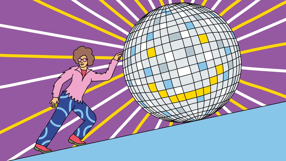 Illustration of a person in disco clothing pushing a giant disco ball with a happy face up an incline