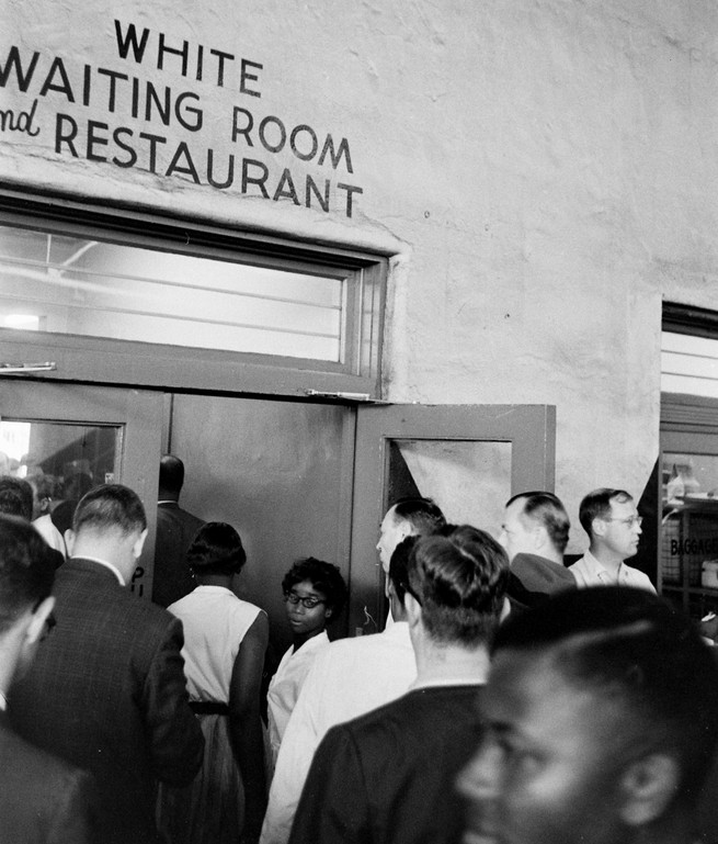 Freedom Riders enter a segregated waiting room, 1961